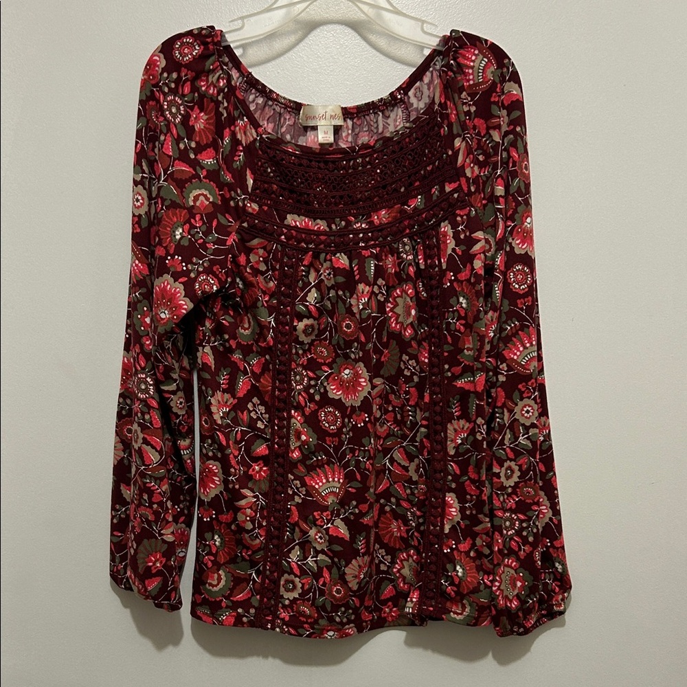 Girls' Burgundy Floral Crochet Yoke Tunic Top